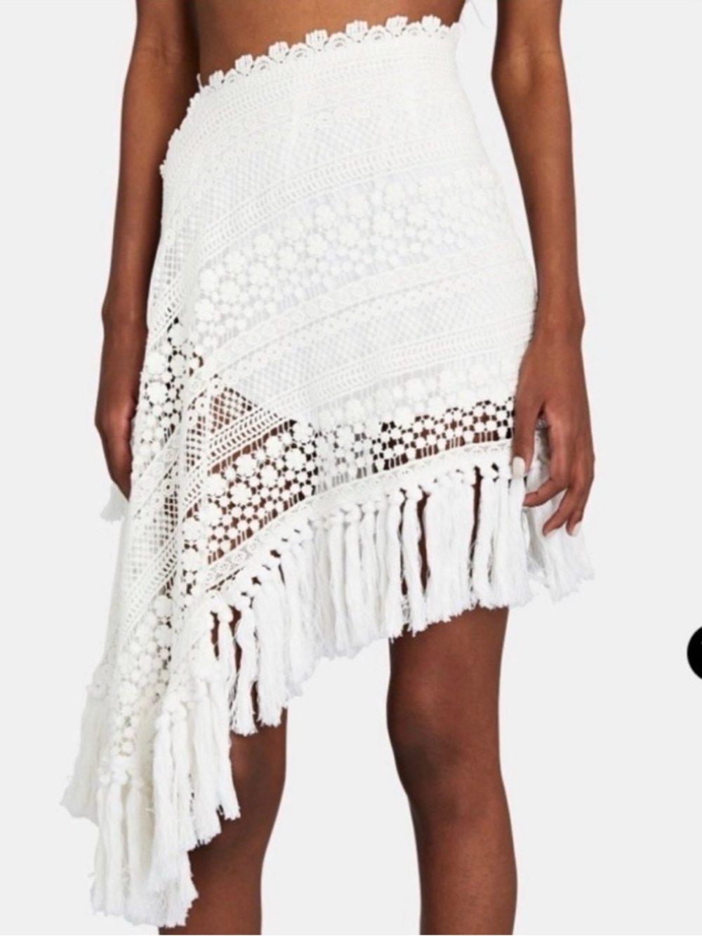 New Just Bee Queen White Crochet Fringe Asymmetric Mini resort Skirt coverup S